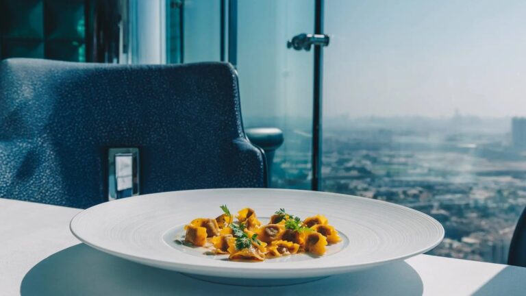Pasta dish at Al Muntaha with a view over the city, Burj Al Arab Jumeirah