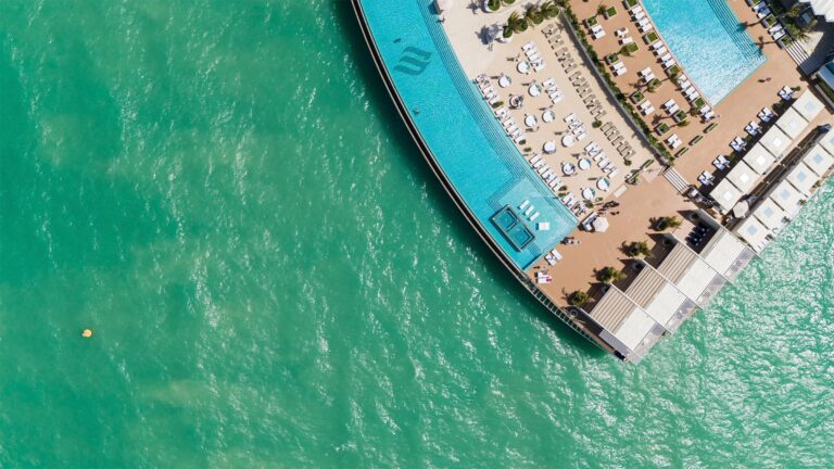 Aerial view of the Terrace infinity pool and cabanas, Burj Al Arab Jumeirah