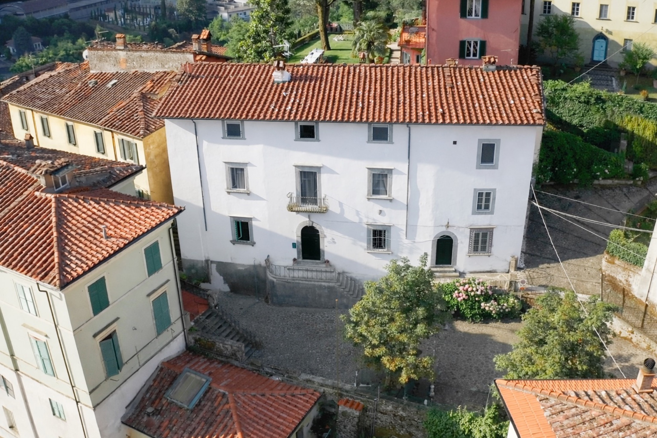 Casa Burlamacchi, the family villa above Bagni di Lucca, from the air, Burlamacchi Villas