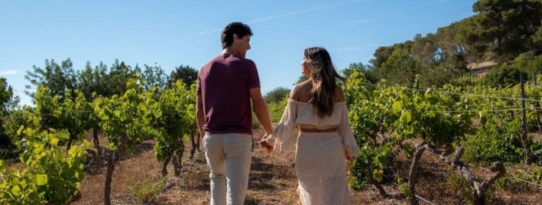 A couple in the Ibizan countryside at sunset, Can Lluc Boutique Country Hotel