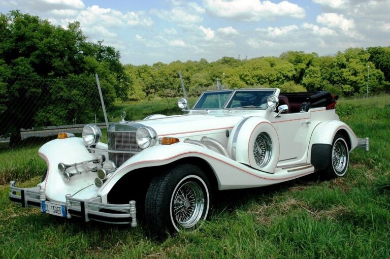 White Excalibur Phaeton on a lawn in the Roman countryside, Canestri Autonoleggi, Car Hire Italy