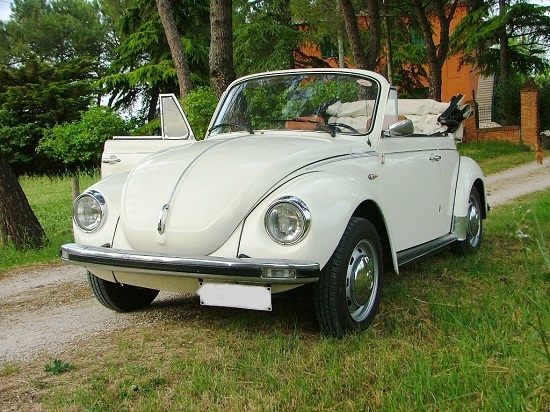White classic Volkswagen Beetle cabriolet, Canestri Autonoleggi, Car Hire Italy