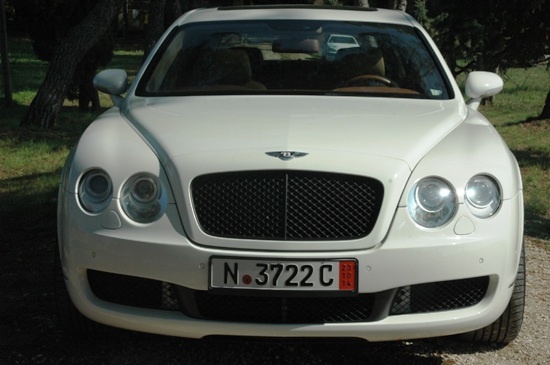 White Bentley Flying Spur, front view, Canestri Autonoleggi, Car Hire Italy