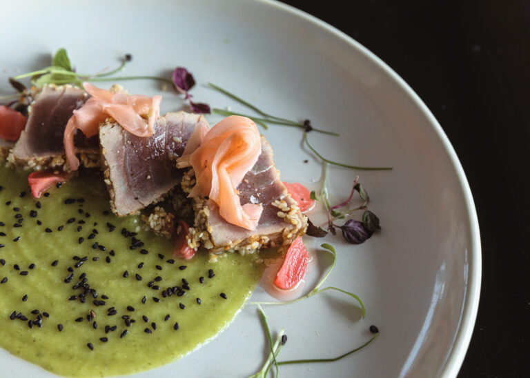 Sesame-crusted seared tuna with pickled ginger on a pale green puree, Captain's Club Hotel & Spa