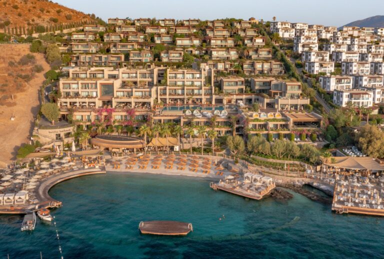Aerial view of the resort, its cove and beach, Caresse, a Luxury Collection Resort and Spa, Bodrum