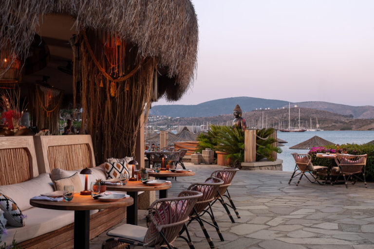 Buddha-Bar Beach terrace at dusk, Caresse, a Luxury Collection Resort and Spa, Bodrum