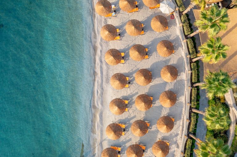Aerial view of the beach and parasols, Caresse, a Luxury Collection Resort and Spa, Bodrum