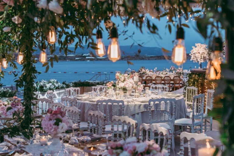 Reception tables under lights above the bay, Caresse, a Luxury Collection Resort and Spa, Bodrum