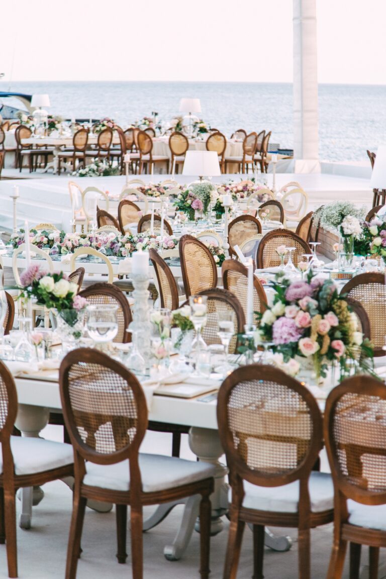 Wedding dinner tables and chairs on the terrace, Caresse, a Luxury Collection Resort and Spa, Bodrum