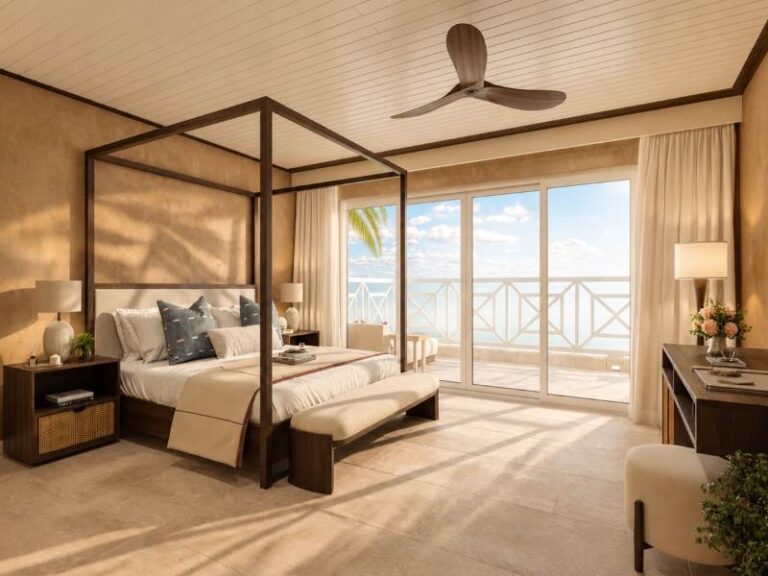 Suite bedroom with a four-poster bed and balcony doors (rendered image), Carlisle Bay Antigua