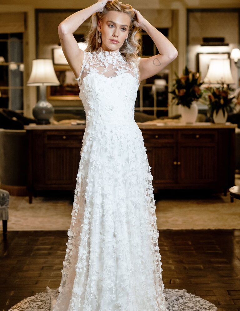 The Michelle gown from the Icon collection with floral appliqué, Caroline Castigliano