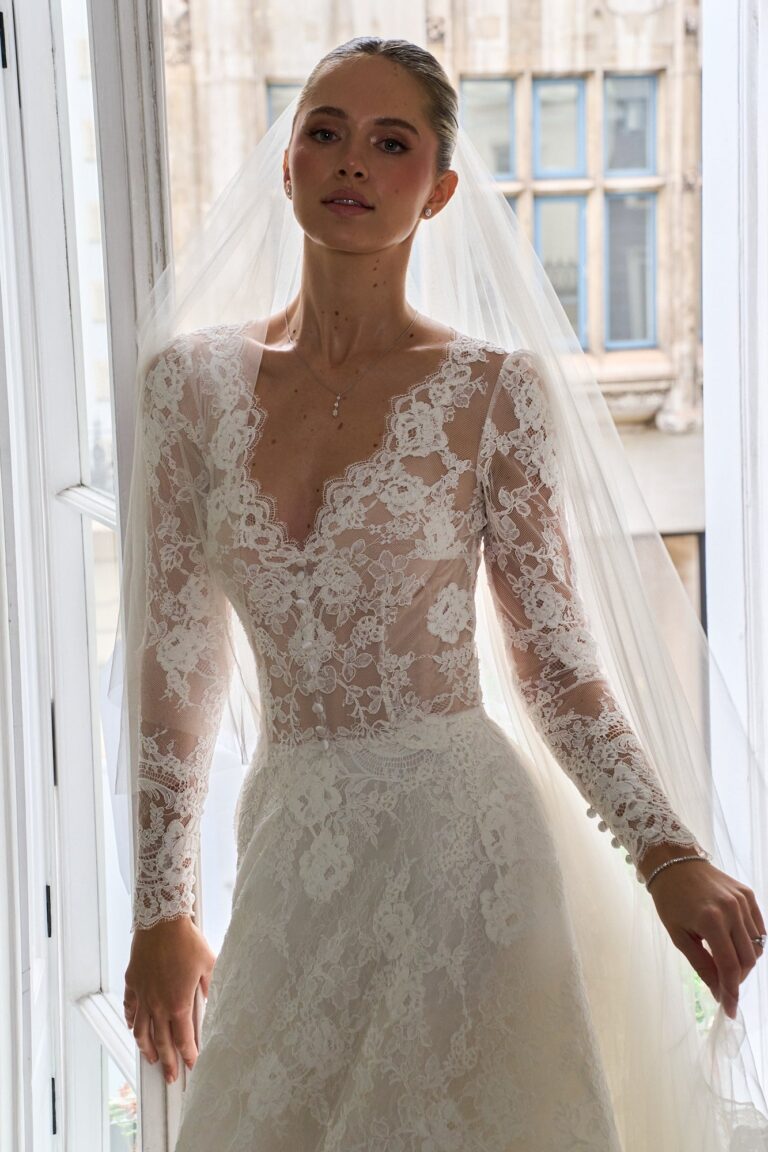 The Wisteria Halo gown in French corded lace with a long veil, Caroline Castigliano