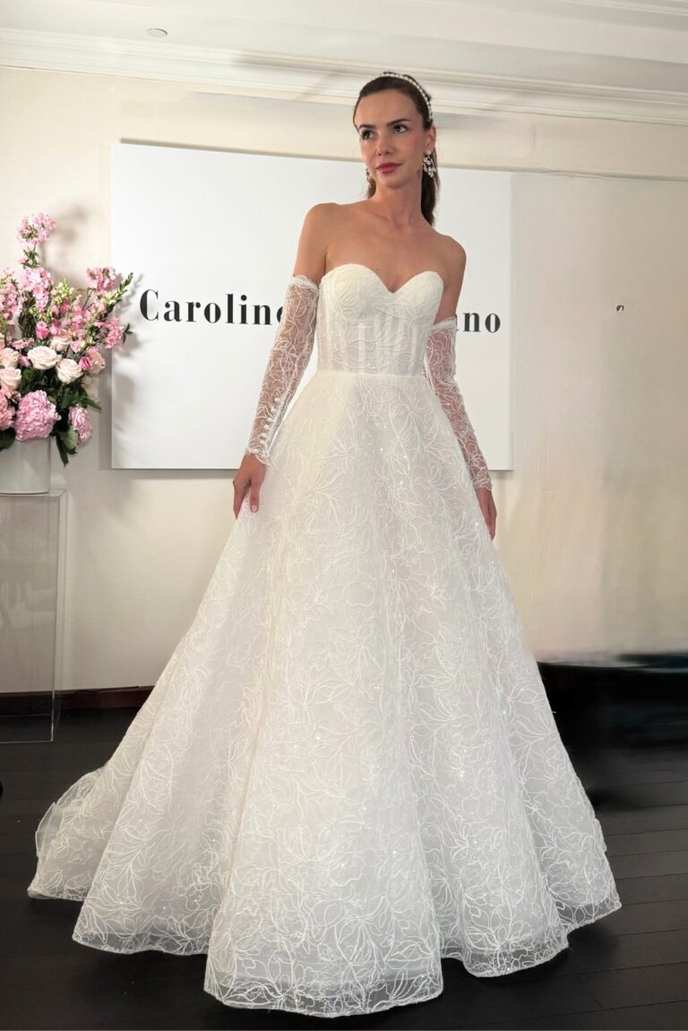 The Celestial Dream gown with lace sleeves and a full skirt, Caroline Castigliano