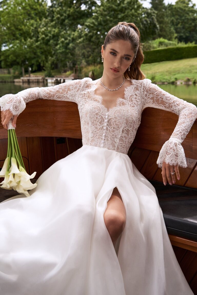 The Misty gown with lace sleeves beside the river, Caroline Castigliano