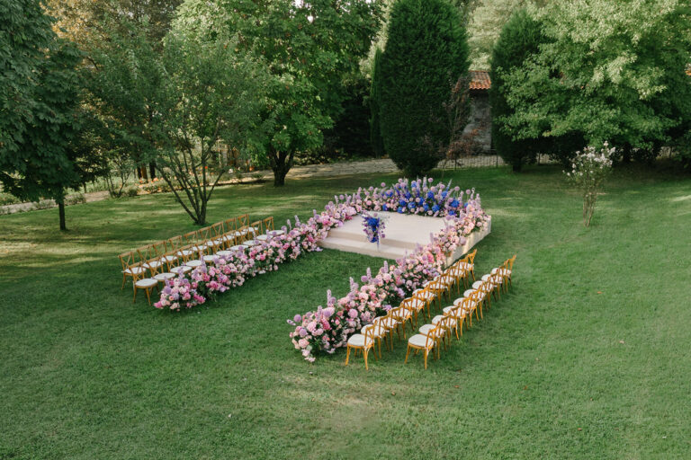Aerial view of a ceremony laid out on the lawn, Casa Lavanda