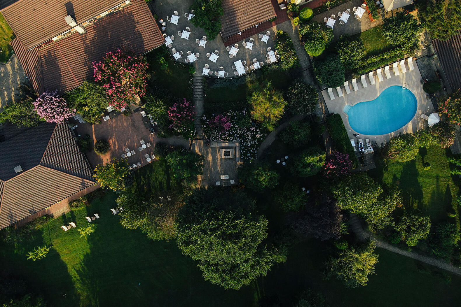 Aerial view of the house, pool and gardens, Casa Lavanda