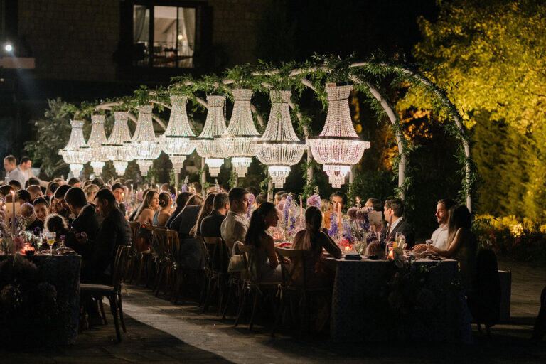 Evening dinner under a canopy of chandeliers, Casa Lavanda