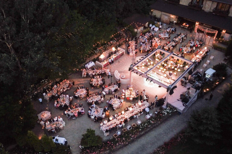Aerial view of an evening reception in the grounds, Casa Lavanda