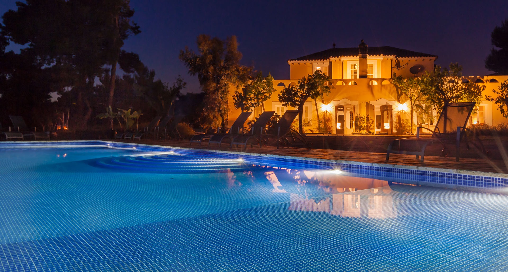 The pool at dusk, above Sitges, Casa Nova Estate