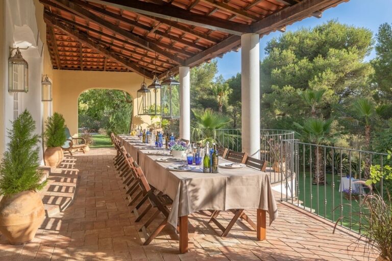 A shaded terrace at the masia, Casa Nova Estate
