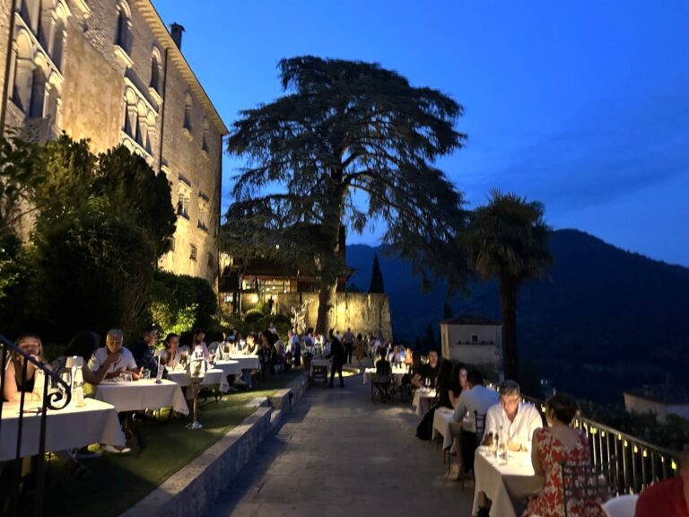 Dinner on the terrace beneath the cedar, Castel Brando