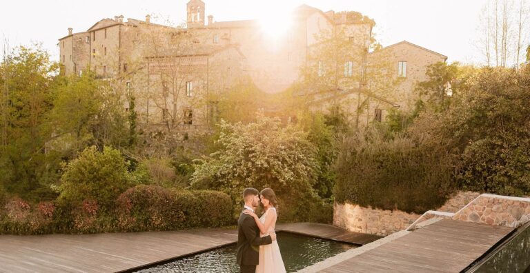 A couple in the gardens at golden hour, Castel Monastero