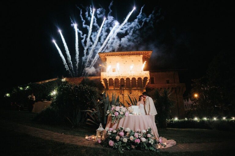 Fireworks lighting up the castle at a wedding, Castello del Capitano delle Artiglierie