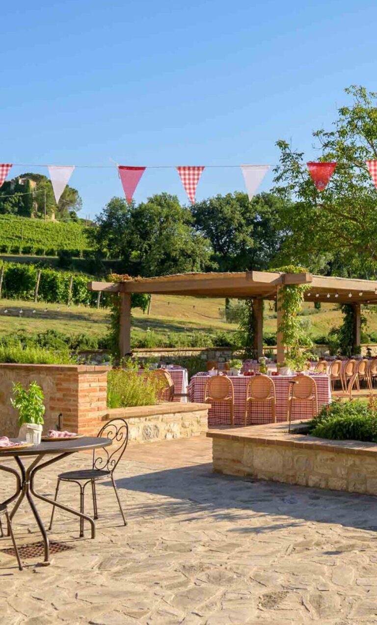 The cantina terrace with pergola and vineyard views, al-fresco dining, Castello di Solfagnano
