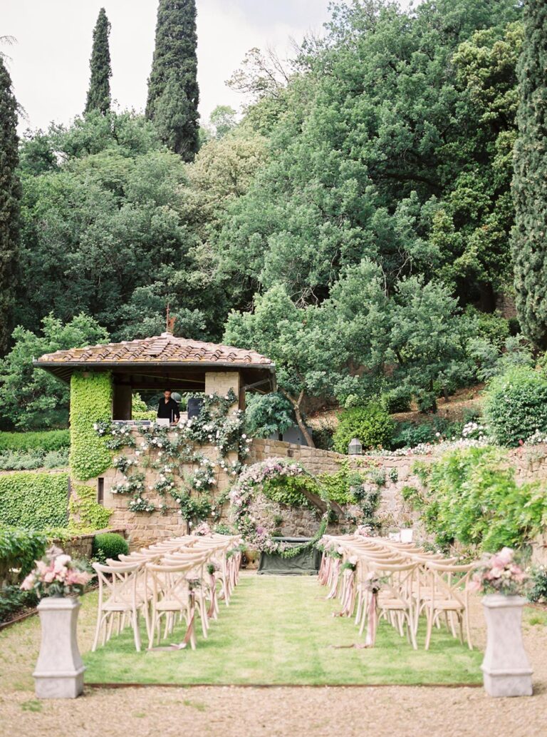 Garden ceremony set among cypresses and stone terraces, Caterina Weddings