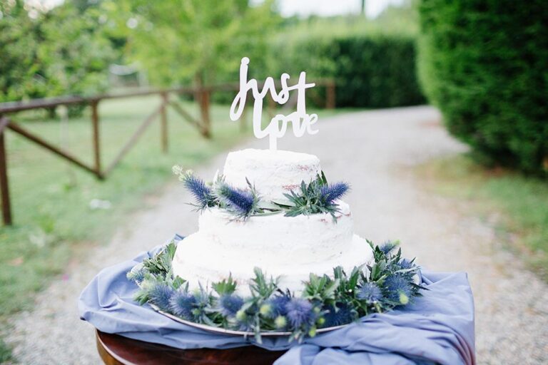 Wedding cake with thistles and a Just Love topper, Caterina Weddings