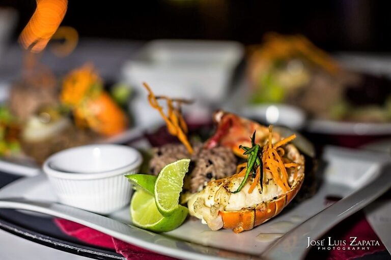 A lobster and gourmet dinner plate, Caribbean seafood cooking, Chabil Mar Resort