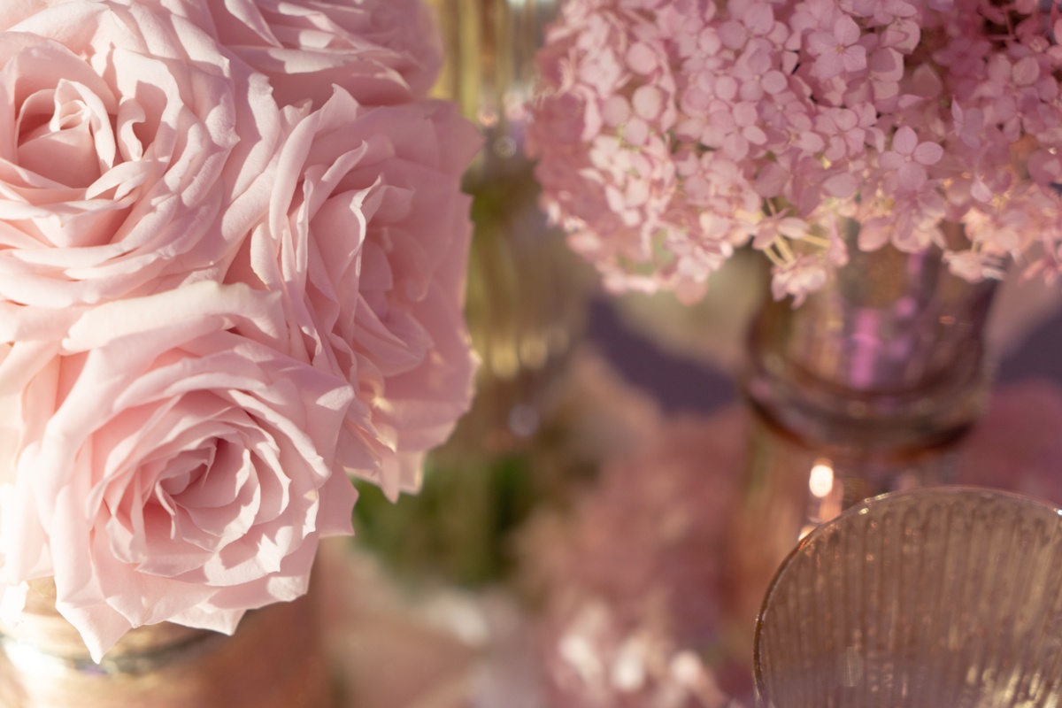 A blush rose and hydrangea arrangement, close up, Chantal Flores Design