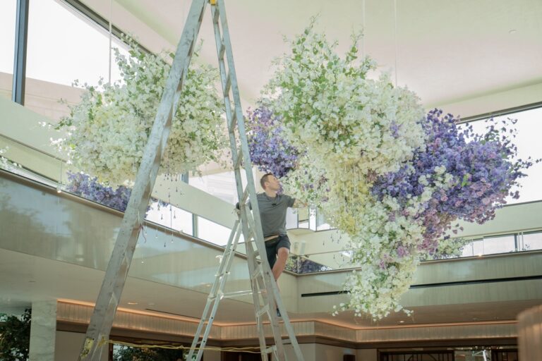 Building the flower cloud installation on site, Signor Sassi, Riyadh, Chantal Flores Design