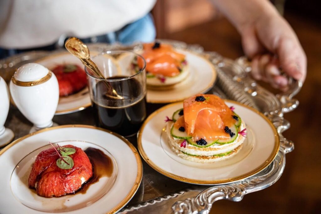 Canapes served on a silver tray, Chateau Challain