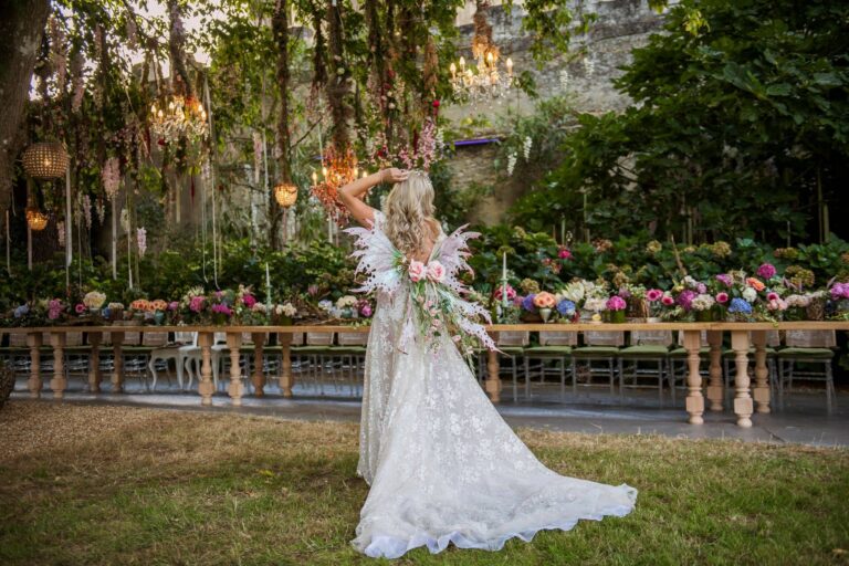 A bride by a long garden table, Chateau Challain