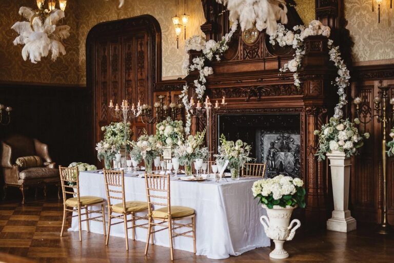 Dressed table in a panelled chateau room, Chateau Challain