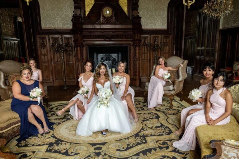 Bridal party in a chateau salon, Chateau Challain