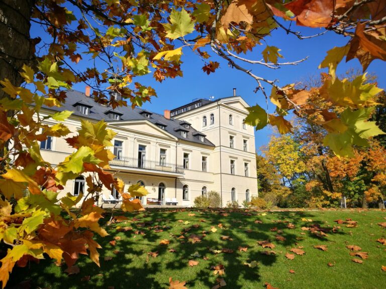 The chateau façade in autumn, Chateau Mcely