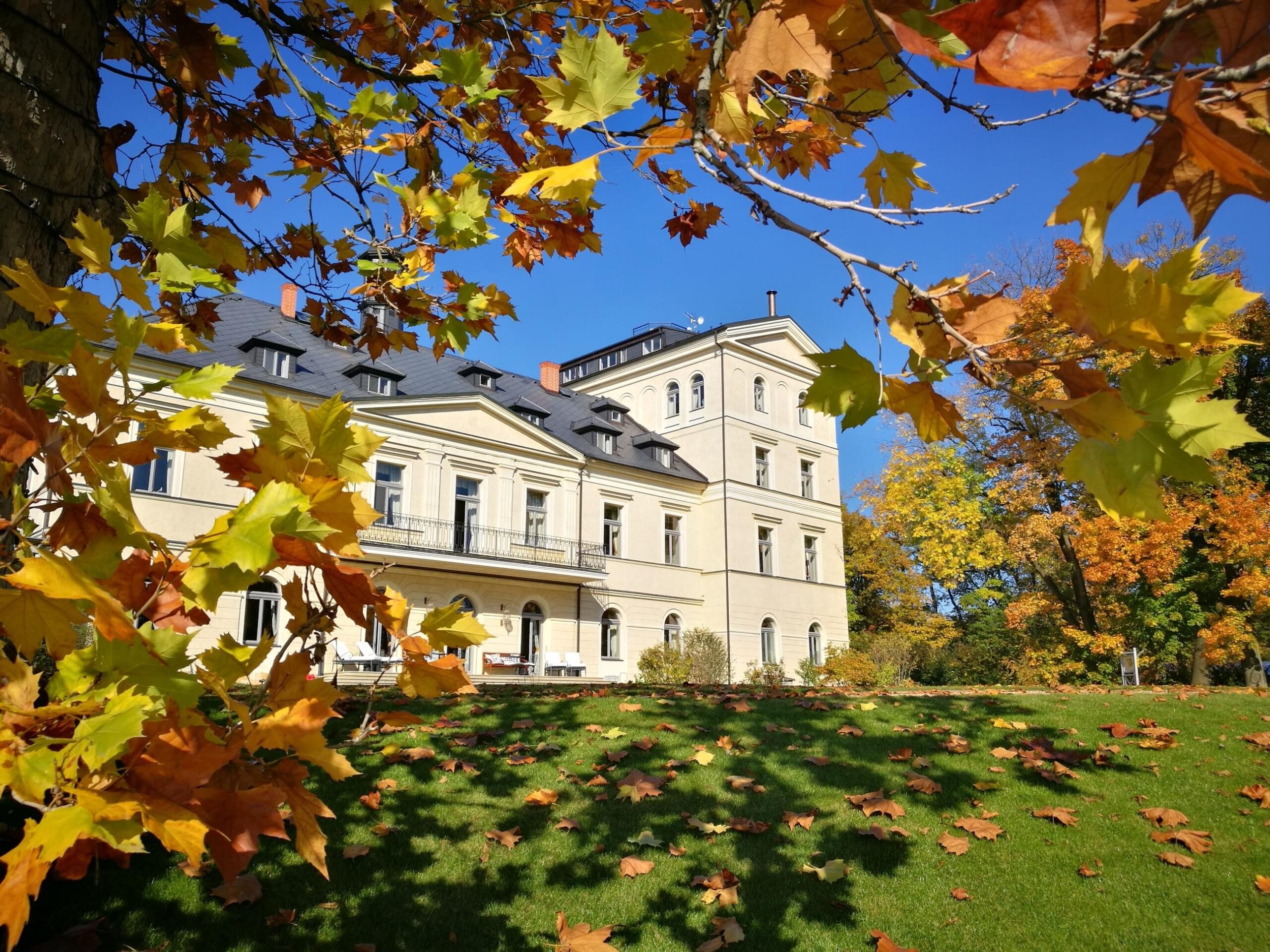 The chateau façade in autumn, Chateau Mcely
