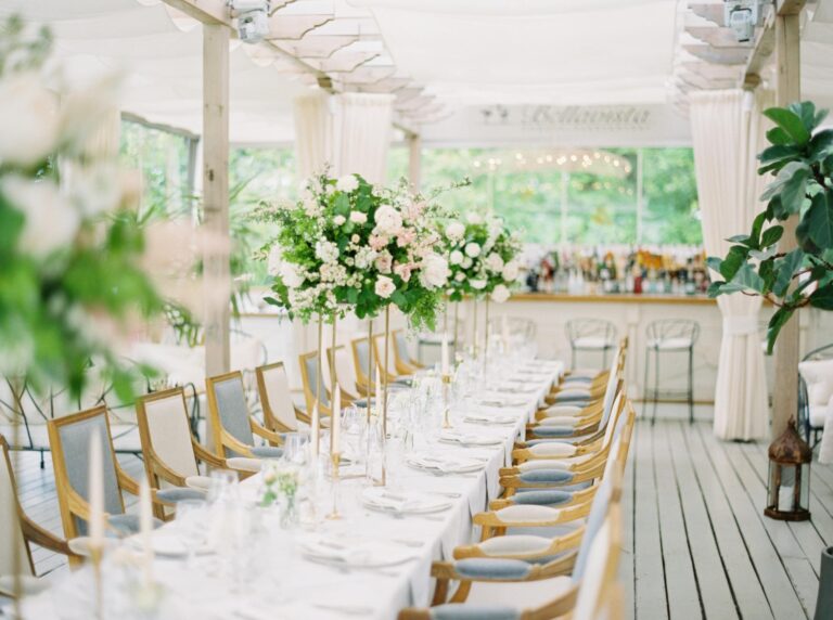 A long wedding table in the glazed Bellavista Patio, Chateau Mcely