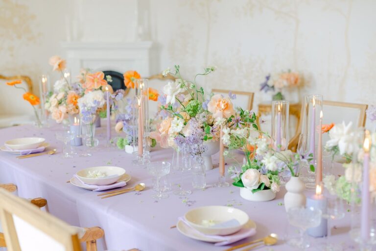 A wedding table set in lilac and peach, Chateau Mcely