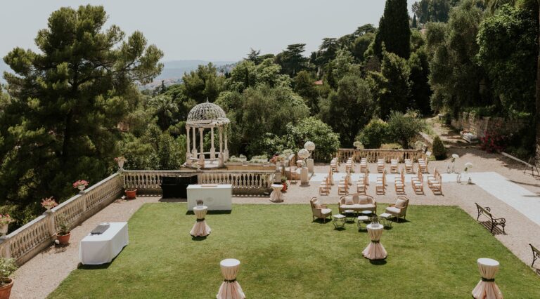 The Temple of Love and the lawn laid out for a ceremony, Chateau Saint Georges