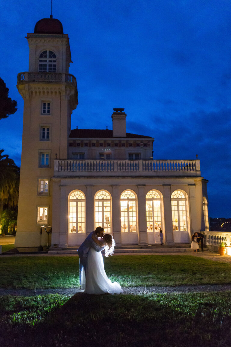 The château and its tower lit at dusk, Chateau Saint Georges