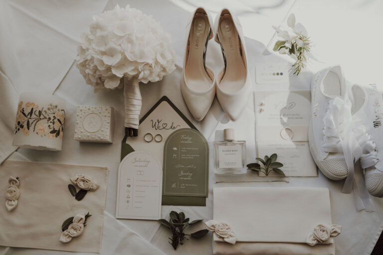 Flat lay of invitation suite, shoes, rings and hydrangea, Cherry On Top