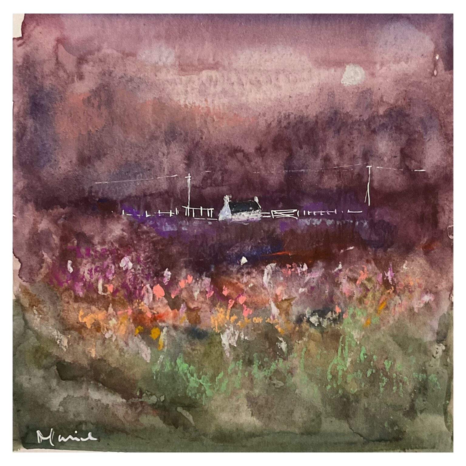 Watercolour: heather and a distant village under a purple sky