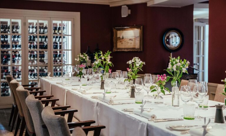 The Wine Room laid for a private wedding dinner, Chewton Glen Hotel & Spa