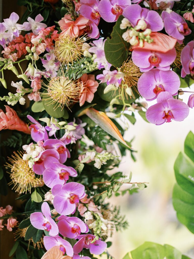Pink orchid and tropical floral installation close up, Chic Bahamas Weddings