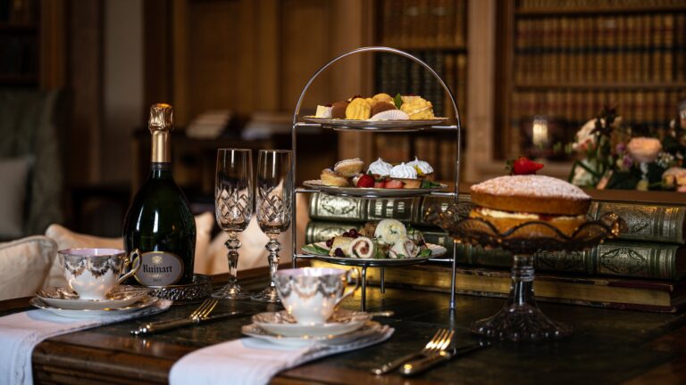 Afternoon tea with Champagne laid out in the Library, Cluny Castle