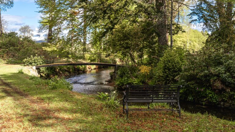 A bench beside the burn and a small footbridge in the wooded grounds, Cluny Castle