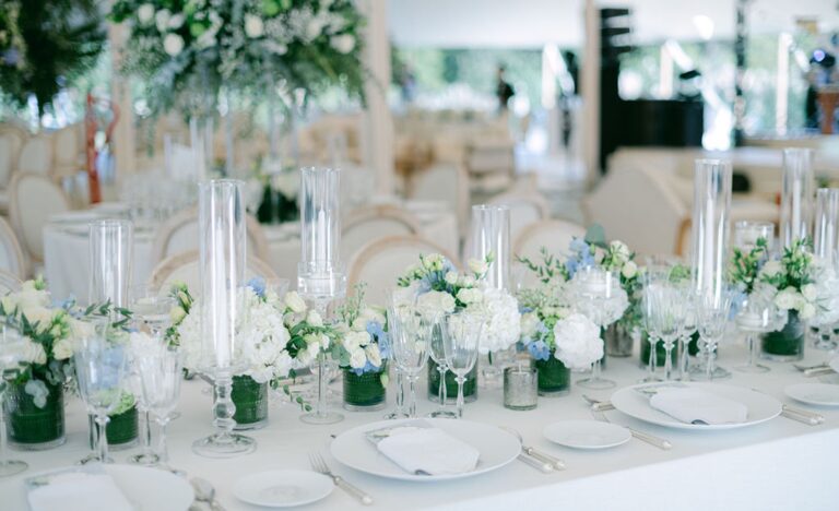 White and blue table styling with glassware and flowers, Cocoon Events